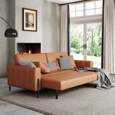 Brown leather loveseat sofa bed with modern square arm design, 86.6 inches wide
